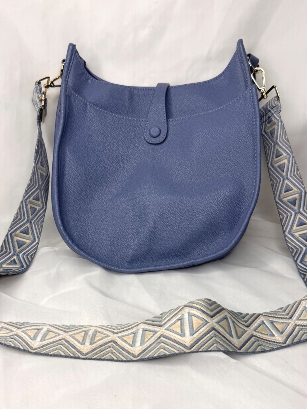 Ah-Dorned Blue Faux Leather Crossbody Bag Geometric Strap